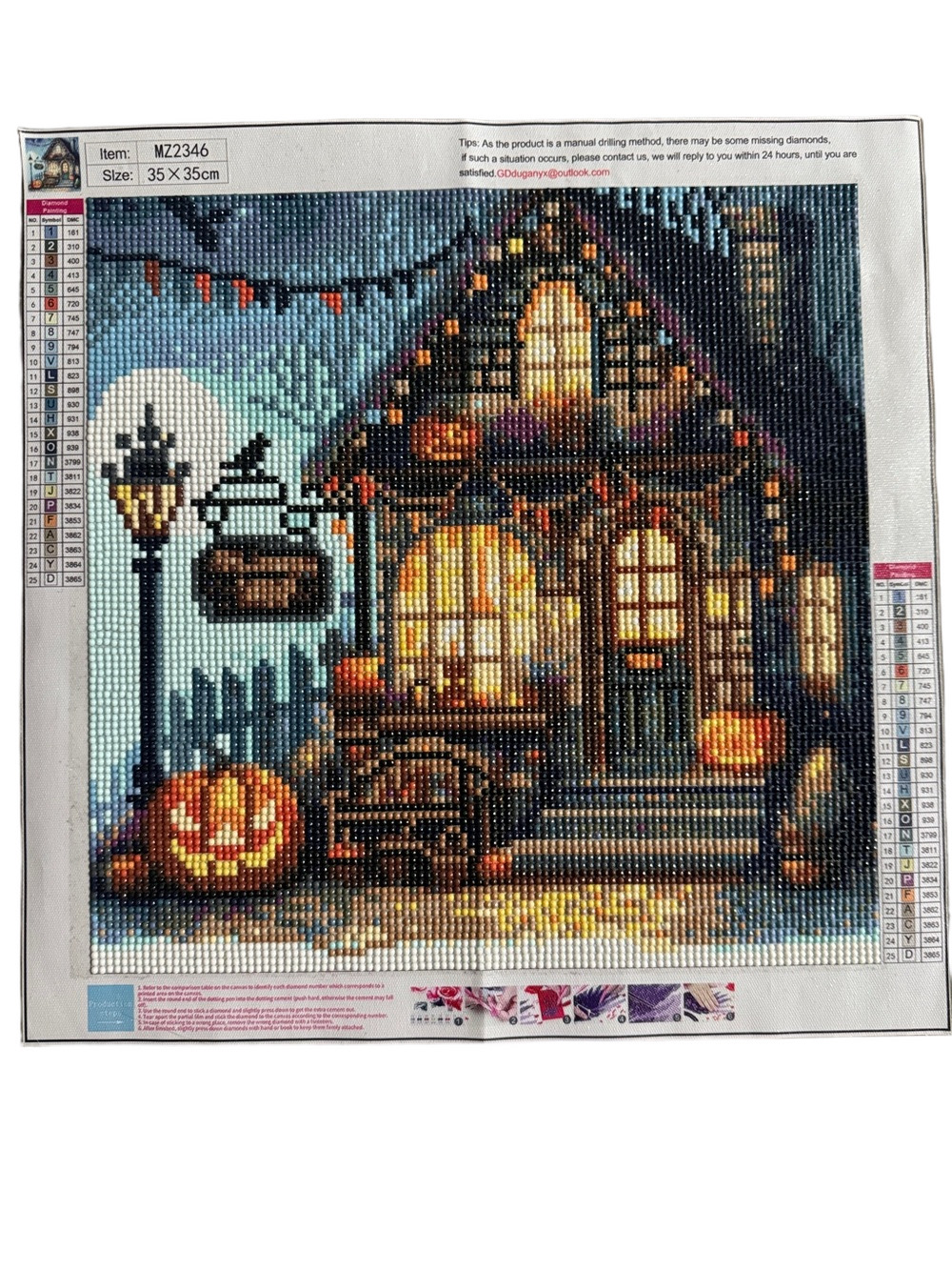 Halloween Cottage Diamond Painting with Pumpkin Lights - Completed & Framable